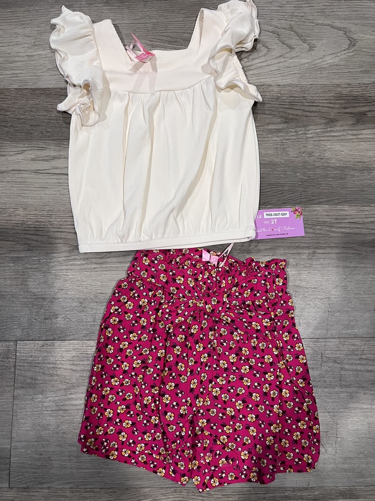 Toddler's 2 pc Floral Short Set W/ Bow Tie Front & Ruffle Top